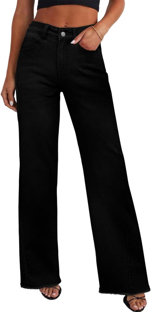 Sidefeel Women's Wide Leg Jeans High Waisted Stretchy Raw Hem Zimbaplatinum Denim Pants 2