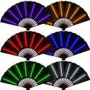 Roowest 6 Pcs Rave Light up Folding Fan for Line Dancing with Battery LED Large Handheld 6 Colors Glowing Fan for Party Gift Performance Show Birthday Night Club (Black,Neon)