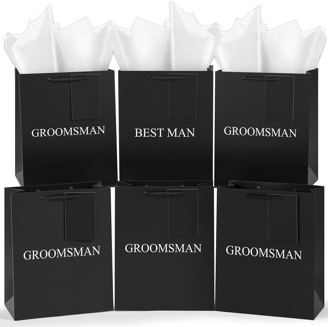 Yeaqee 6 Pack Groomsmen Gift Bags with Tissue Paper Wedding Favor Bag with Tag DIY Best Man Proposal Gift for Groomsman Best Man Bachelor Party Supplies, 10x8x4 Inch