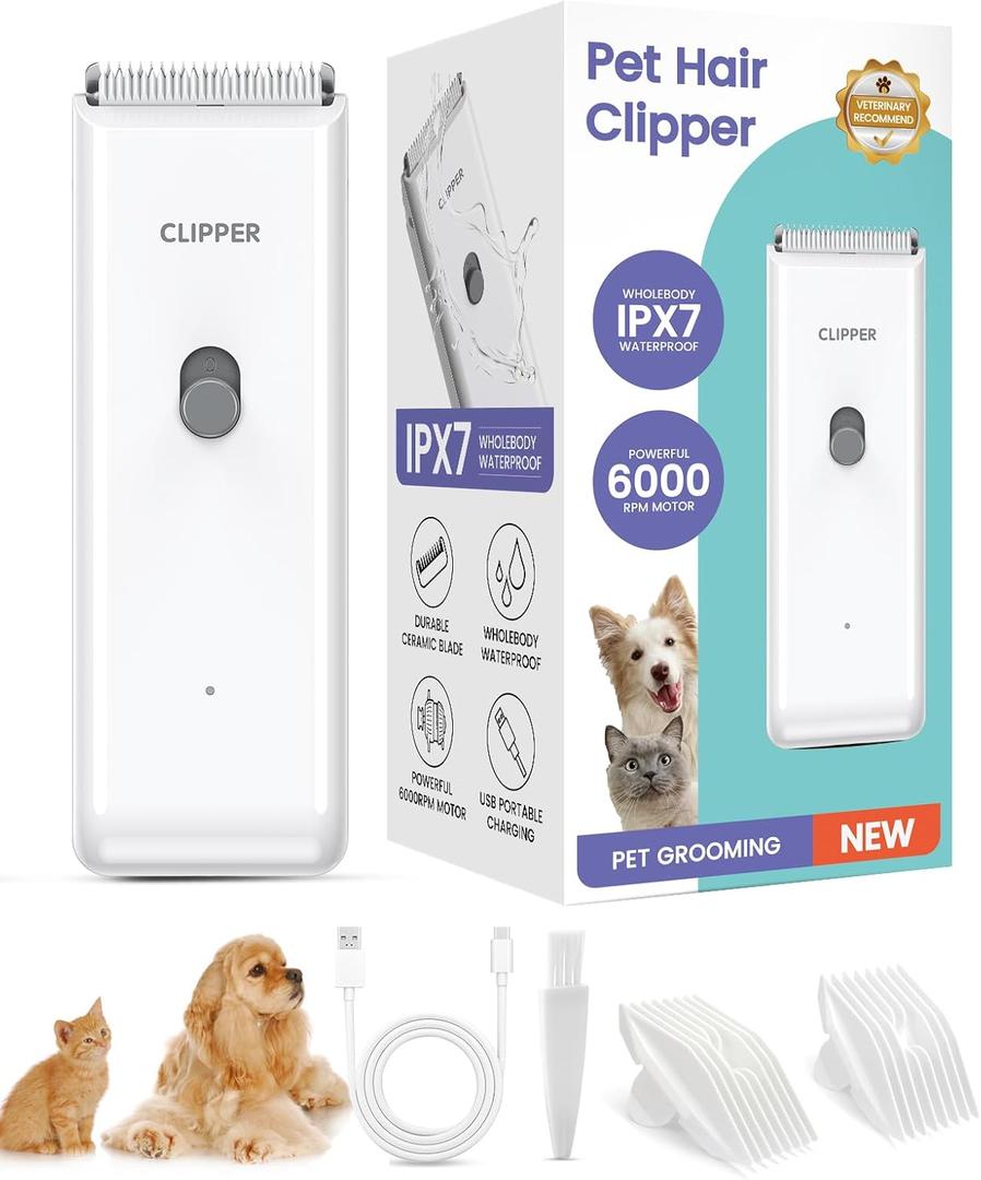 Pet Clippers for Dog Hair Grooming Low Noise, Rechargeable Cordless Cat Shaver with Ceramic Blade,Portable Pet Hair Trimmer for Matted & Long Hair (White)