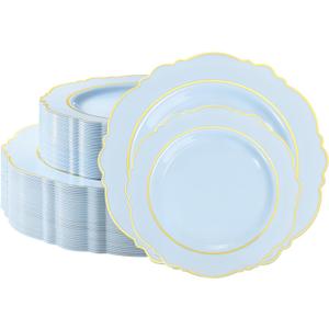 realluck 100PCS Light Blue and Gold Plastic Plates, Fancy Baroque Disposable Wedding Plates - 50 Dinner & 50 Salad Plates, Pastel Blue Party Supplies for Baby Shower, Bridal Showe