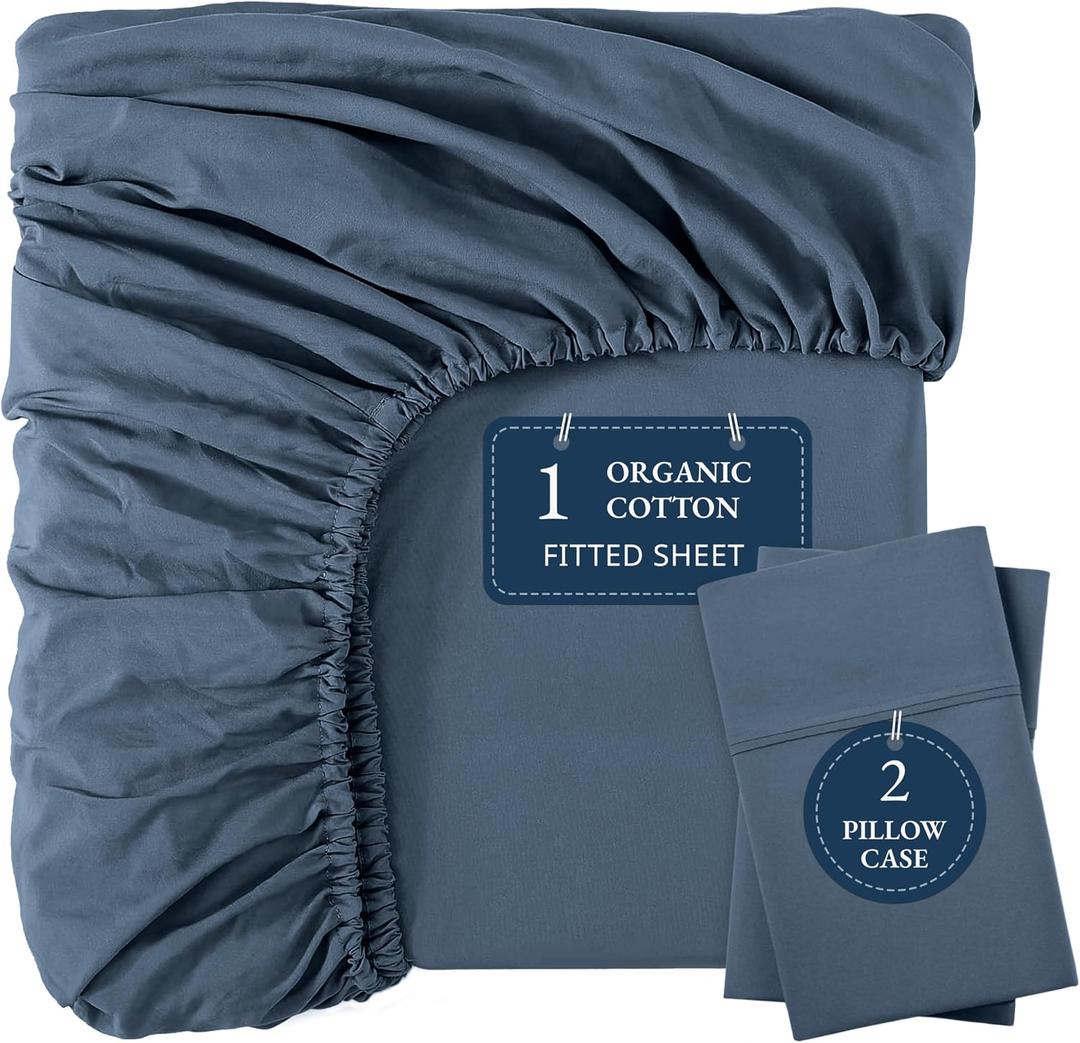 LANE LINEN Fitted Sheet, 100% Organic Cotton Fitted Bed Sheets, Soft & Comfy Naturally Cooling Eco Friendly All Weather Fitted Sheets Queen Fits Mattress Upto 15" Deep- Navy (Cases Included)