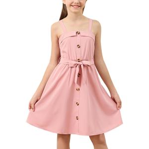 GORLYA Girls Front Button Down Summer Sundress Casual A-Line Spaghetti Strap Belted Midi Dress 6-14Y (Pink)