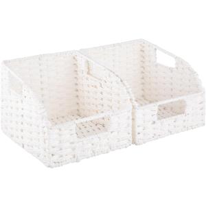 OIAHOMY Pantry Baskets for Organizing, Paper Rope Baskets with Built-in Handles, Wicker Storage Bints for Shelves, 2 Pack-White