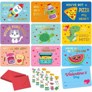 Sweetzer & Orange 36 Funny Valentines Cards for Kids Classroom - School Valentines with Envelopes for Kids - Cartoon Card Stickers - Double Sided Cards for Boys & Girls - 3.5" x5 (You're My Jam)