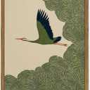 Japanese Crane Wall Art, Vintage Japan Bird Wall Decor Painting Rustic Green Flying Crane Poster Canvas Prints Picture for Bedroom Living Room Farmhouse 16x24 inch Wood Framed