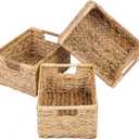 Large Wicker Basket Rectangular with Wooden Handles for Shelves, Water Hyacinth Basket Storage, Natural Baskets for Organizing, Wicker Baskets for Storage 14.5 x 10.3 x 7.5 inches - 3 Pack