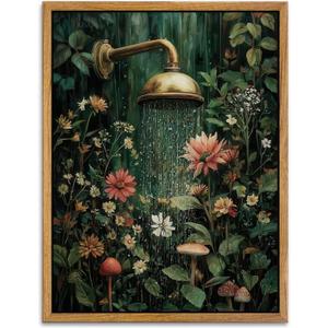 AtterrirArt Framed Vintage Bathroom Wall Art, 12 * 16inch, Floral Shower Wall Decor, Abstract Wildflower Aesthetic Poster Print, Moody Botanical Canvas Wall Art For Restroom, Toilet, Ready to Hang