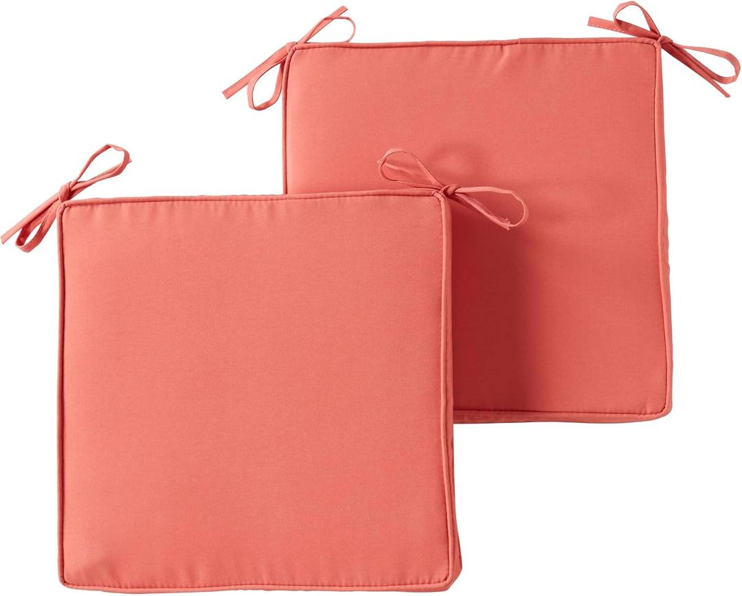 Outdoor 18 inch Square Patio Dining Chair Pads Comfortable Fiber-Filled Seat Cushions with Ties, Reversible Polyester Fabric - Coral, Set of 2