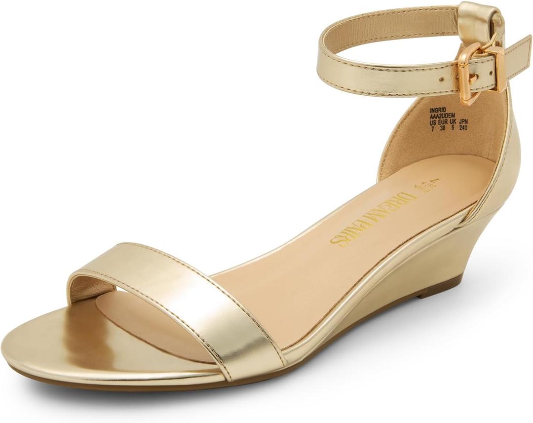 DREAM PAIRS Women's Ingrid Ankle Strap Low Wedge Sandal (8, Gold-pu)