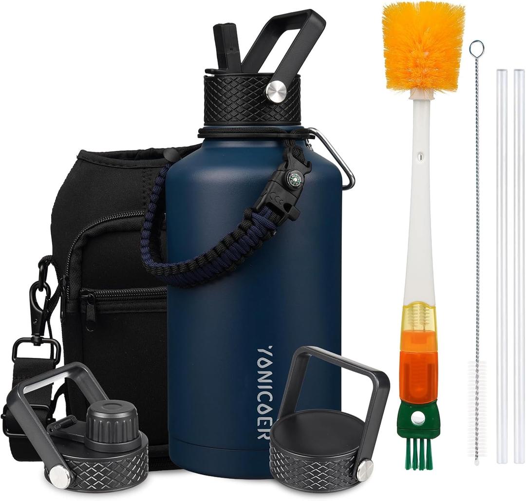 Insulated Water Bottle 64oz,Triple Wall Vacuum Stainless Steel(Dishwasher Safe),Leak Proof & Non-BPA,Flask Jug with Paracord Handle & Straw Spout Lids Sports Navy Blue