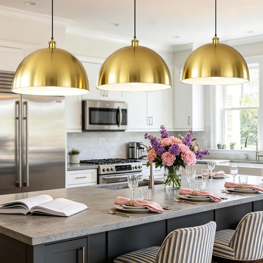Large Brushed Gold Pendant Light, 16"Gold and White Farmhouse Ceiling Light