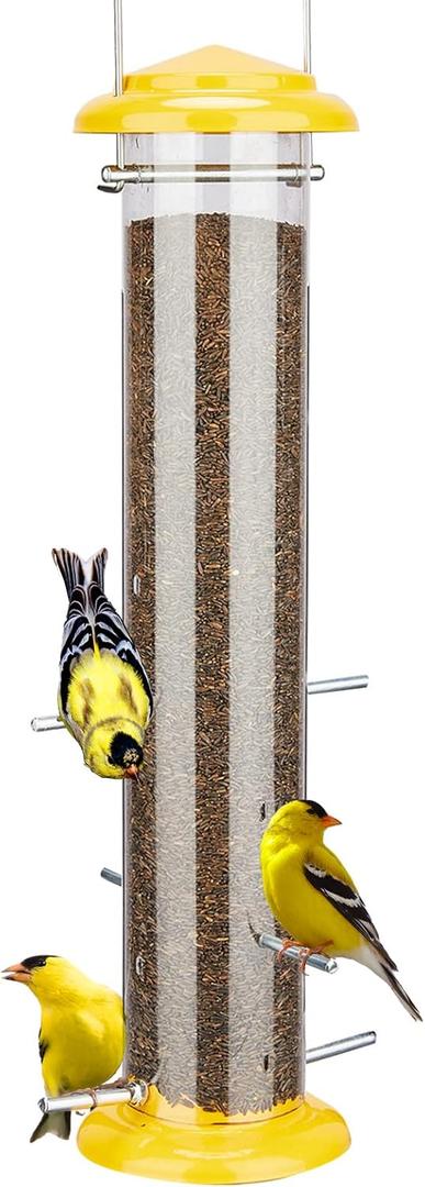 Kingsyard Metal Finch Feeder for Thistle/Nyjer Seed, Tube Bird Feeders for Outdoors Hanging, 2 lbs Large Capacity, Easy to Refill & Clean, Yellow