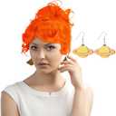 Fourluoo 2 Pcs Halloween Orange Wig Planet Earrings Set Space Earrings Curly Wavy Cosplay Wig for Women Costume Cosplay Party