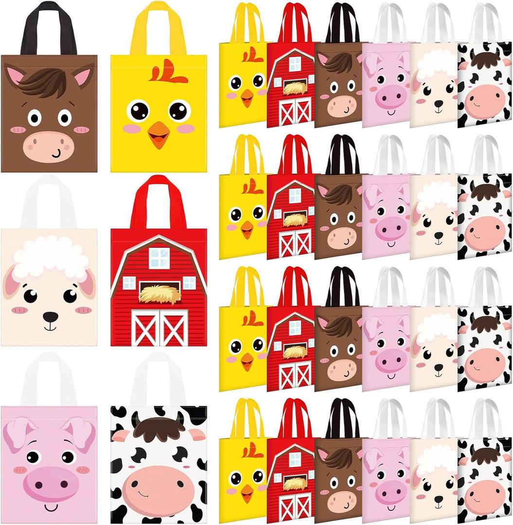 Sweetude 24 Pcs Farm Animal Party Favor Bags with Handle - 9.84'' x 7.87'' Non Woven Candy Treat Bags - Reusable Barnyard Gift Tote Bag for Animal Themed Birthday Party Favor Supply