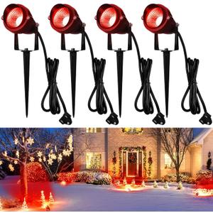 Rossesay 4 Pcs Christmas Red Spotlight Outdoor Plug in Landscape Lighting 12w Ip66 Waterproof LED Lights with Spiked Stand 270 Adjustable Outdoor Spot Lights for Yard Lawn Garden Tree Flags Holiday