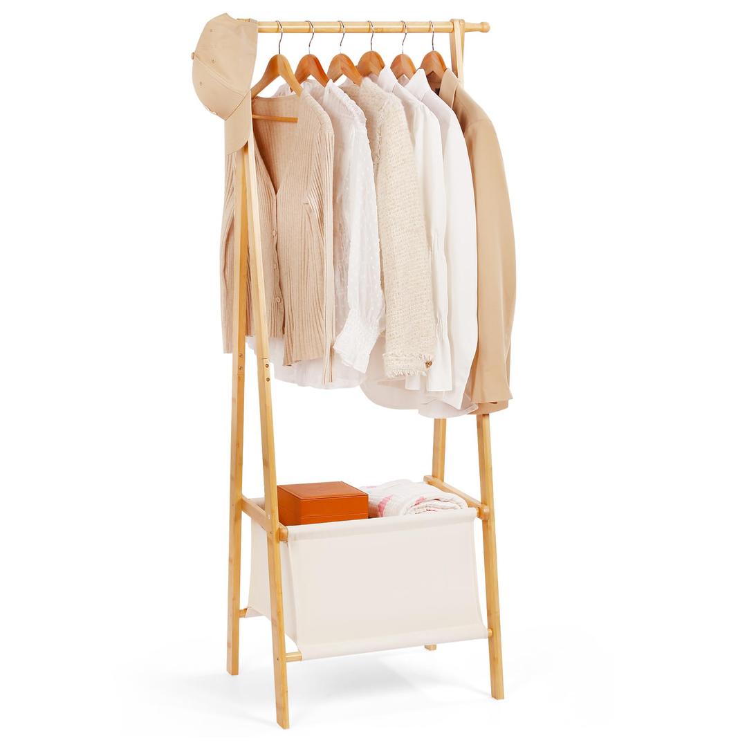 Relquorax Bamboo Clothes Rack with Storage Box, Portable Extra Large Garment Rack Clothing Rack, Foldable Wardrobe For Entryway and Bed Room (S)