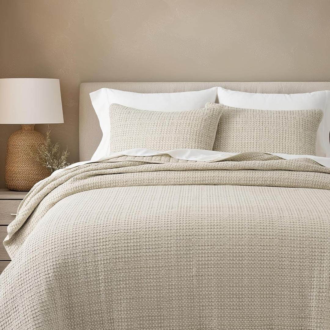 EverGrace Stonewashed 100% Natural Cotton Waffle Quilt Set King Size 3 Pieces, Durable, Textured & Substantial Bedding, Quilted Coverlet Bedspread with 2 Shams for All Seasons, Natural | Waffle Weave, 100% Cotton, Stonewashed, Box Stitch Design, Oeko-Tex Certified, Lightweight (King/Cal King (108" x 96"))