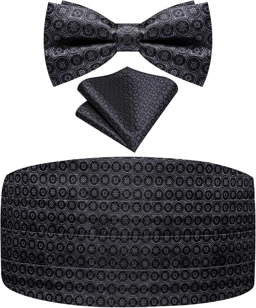 Cumberbund and Bow Tie Set Paisley Floral Mens Silk Pretied Bowtie Cummerbund Pocket Square Tuxedo Accessories