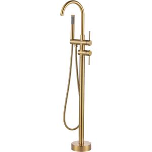 Freestanding Tub Filler Faucet, Floor Mount Brushed Gold Bathtub Faucet with Single Handheld Shower, Brass Shower Tub Faucet Set Complete, Bathtub Faucet with Shower