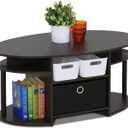 Furinno Jaya Simple Design Oval Coffee Table with Bin for Living Room, Walnut, 19.7"D x 35.4"W x 16.4"H