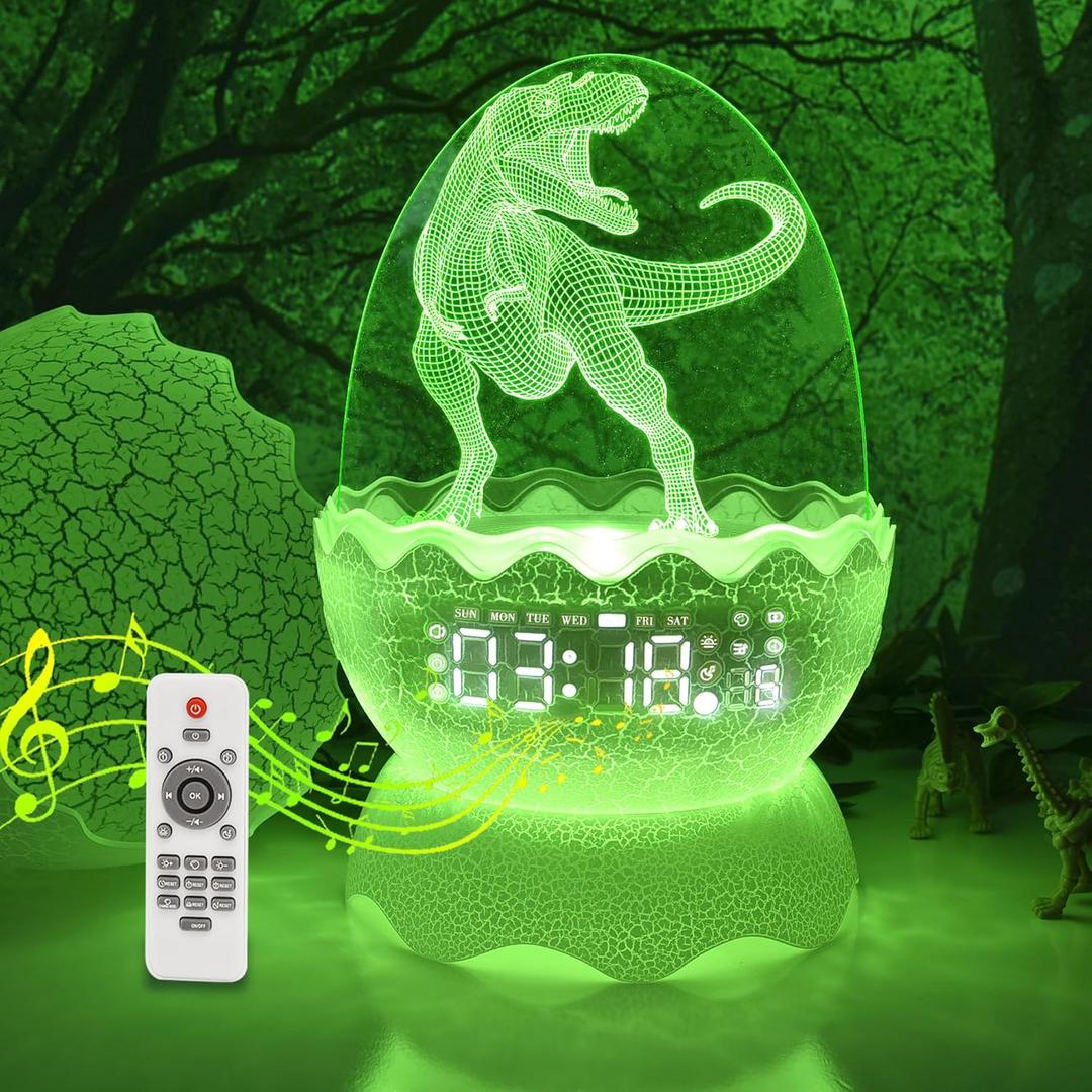 Dinosaur Gift for Kids - Dinosaur Egg Night Light with Alarm Clock, Bluetooth Speaker & White Noise, Dinosaurs Toy with 16-Color LED Decor Light Remote Control &Timer, Birthday Gift for Boys & Girls