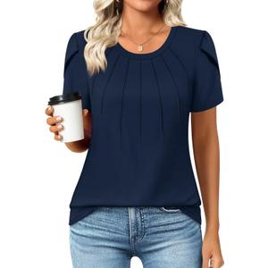 Anyhold Womens Tops Dressy Casual Summer Short Sleeve Blouse Dress Shirt (Blue, XXL)