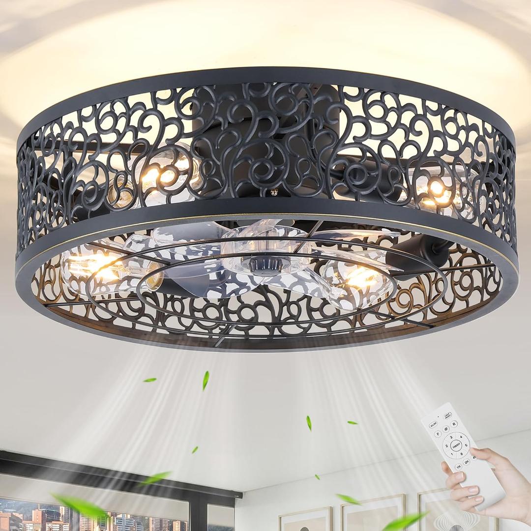 COCOSTAR Caged Ceiling Fan with Light Flush Mount Farmhouse Black Fandelier, 20 Inches