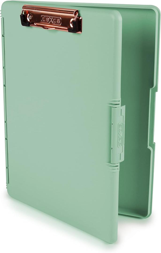 Dexas Slimcase 2 Plastic Clipboard with Storage and Side Opening, Foam Green Rose Gold, Office Supplies Clipboards to Organize, Carry and Store, A4 Holder, Nursing Clipboards