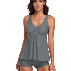 Omichic Modest Tankini Swimsuits for Women Two Piece Bathing Suits Floral Print Tank Top with Boyshorts (Gray, S)