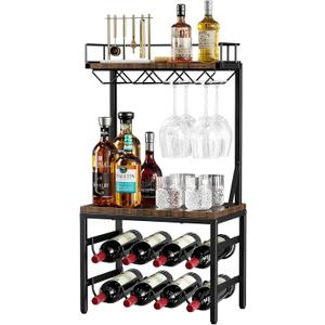 Nuovoware 3-Tier Liquor Cabinet with Wine Rack, Freestanding Liquor Stand with 8-Bottle for Mini Bar, Versatile Wine Rack Freestanding Floor with Tabletop and 8 Glass Holders, Black+Retro Brown
