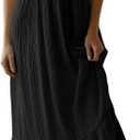 R.Vivimos Womens Summer Boho Cotton Maxi Dress Adjustable Spaghetti Strap Elastic Smocked Casual Ruffle Hem Flowy Beach Dress (Medium, Black)