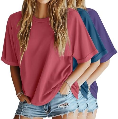 Riyiper 3 Pack Women's Oversized T-Shirt Half Sleeve Summer Tees Casual Loose Fit Crew Neck Basic Tops (Large)
