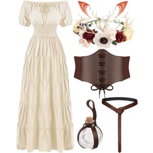 Renaissance Costume Women Medieval Fairy Dress, Corset Elf Ears Garland Belt Potion Bottles Peasant Halloween (XX-Large, Beige)