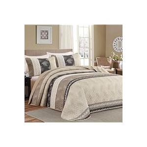 DJY Beige Quilt Set Queen Size Striped Bedspread Coverlet Set 3 Pieces Boho Branch Floral Pattern Quilted Bedding Set, Soft Lightweight Bed Cover for All Season (96''x90'')