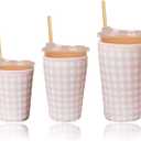Reusable Insulated Sleeve for Iced Coffee Cup, 3-Pack Coffee Neoprene Drink Sleeve for Cold & Hot Drinks, Beverage Holder for Iced Coffee (Pink Gingham)