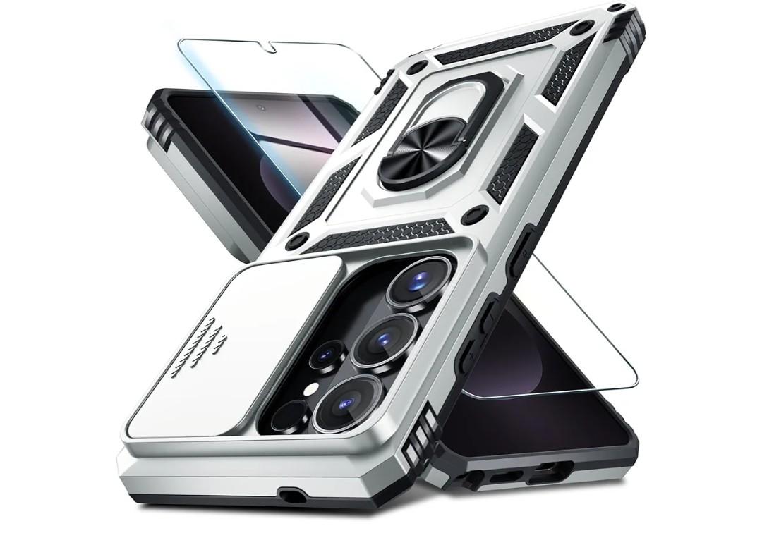 Built in Slide Camera Lens Cover+Screen Protector+Finger Ring Holder Kickstand,Heavy Duty Shockproof Full Body Phone Cover,2026 Silver