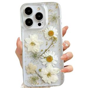 LSEEKA for iPhone 16 Pro Clear Case with Pressed Real Flowers Design,Glitter Cute White Floral Pattern Slim Soft TPU Protective Women Girl's Phone Cover for iPhone 16 Pro