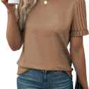 SHEWIN Women's Short Sleeve Summer Tops Crewneck Knit Solid Loose Casual Basic T Shirts Tee Blouses (Beige, XXL)