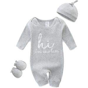 Baby Romper with Baby Mittens & Newborn Hats Footless Long Sleeve Solid Onesie Hi Im New Here (0-3 Months, Grey)