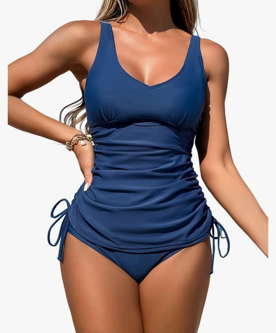 ZAFUL Women's 2 Pieces Tankini Swimsuits V Neck Tummy Control High Waisted Bikini Swimsuits, Size 2XL