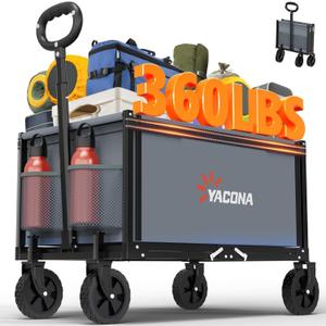 YACONA 3 in 1 Wagons Carts Foldable, 360LBS Lightweight Wagon with All Terrain Wheels, Collapsible Wagon Cart for Grocery, Camping, Beach, Garden & Sports