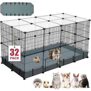 32 Panels Small Animal Playpen,Pet Playpen with Waterproof Mat,C&C Cage for Guinea Pigs, Play Pen for Rabbit and Chicken,Bunny Pen