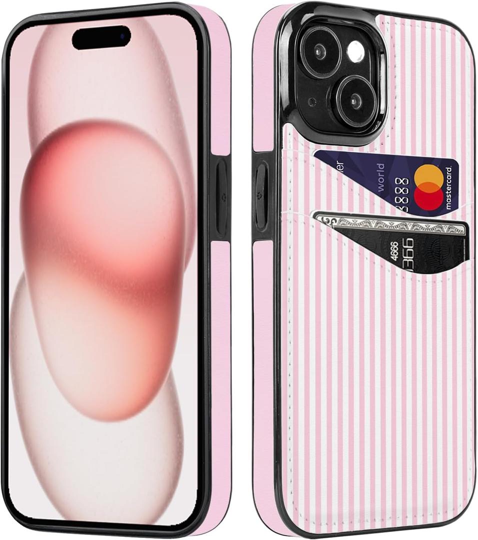 Compatible with iPhone 15/14/13 Wallet Cute Case for Card Holder Leather Slot Shockproof Soft Cover Case for Women Grils (Pink Stripes Lines Girly, iPhone 13/14/15 6.1 inch)