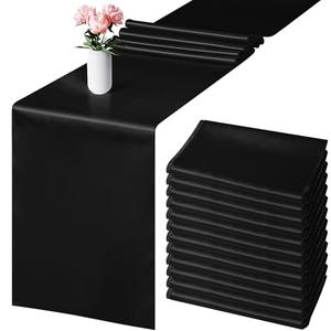Aneco 12 Pack Satin Table Runner 12 x 108 Inch Black Long Wedding Satin Silk Table Runner for Wedding Banquet Graduations Birthday Party Decoration
