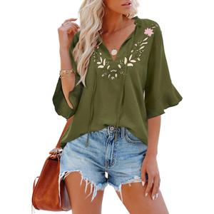 Womens Summer Tops 3 4 Sleeve Women Blouses Casual Boho Top Spring Floral Short Sleeve Shirts Vacation (Green, S)