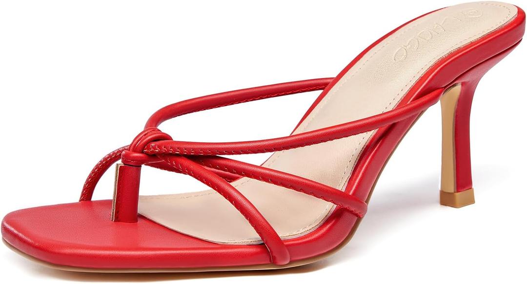 LAICIGO Womens Square Open Toe Flip Flops Stiletto Heels Strappy Thong Slide on Slingback Mules Sandals (9, Red)