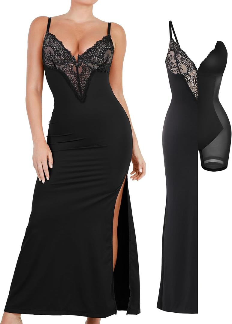Popilush Maxi Dresses for Women Deep V Neck Shapewear Lace Satin high Slit Bodycon Cocktail Dress Party Going Out (XX-Large, Black)