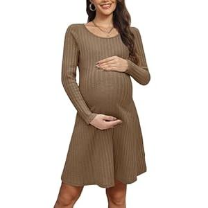 OUGES 2025 Fall Sweater Dress for Women Crew Neck Long Sleeve Knit Lightweight Casual Dresses (Large, Beige)