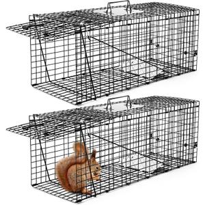Qualirey 2 Pack Live Animal Trap Cage 17 x 7.09 x 8.27 Inch Cat Trap Cage, Foldable Steel Humane Catch and Release Animal for Groundhog Squirrel Raccoon Mole Gopher (Black)